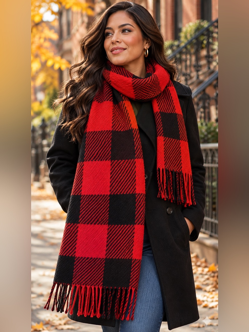 Red Black Buffalo Plaid Oversized Fringe Scarf Wrap 78”